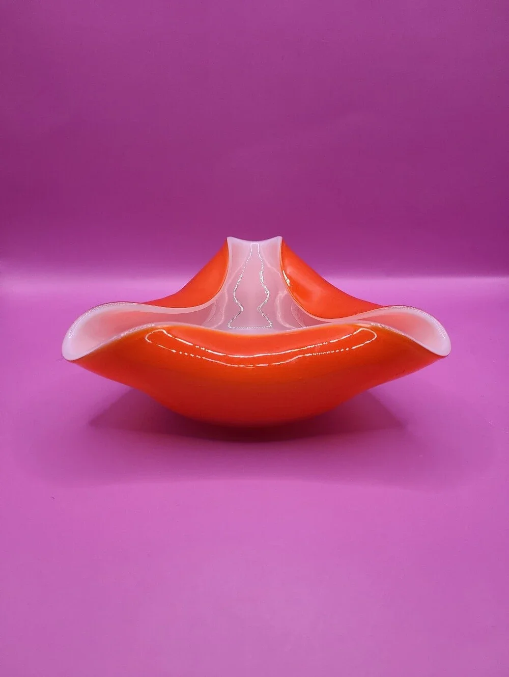 MCM Vintage Japan Wales Orange Cased Glass Tri Fold Bowl Biomorphic Mid Century